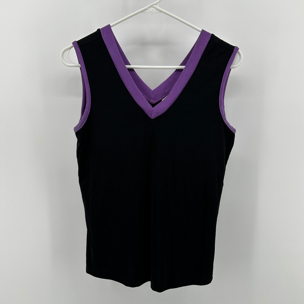 Kathy Ireland Nylon Tank Top Blouse Black Purple Trim Med 90s Business Casual